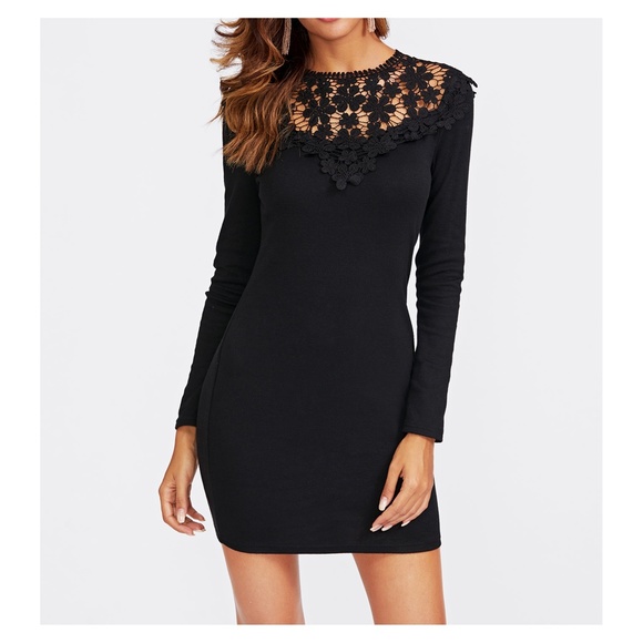 MBM Unlimited Dresses & Skirts - Black Lace Neckline Long Sleeve Bodycon Dress